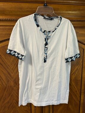 Dolce & Gabbana White Short-Sleeve Henley with Navy Geometric Trim
